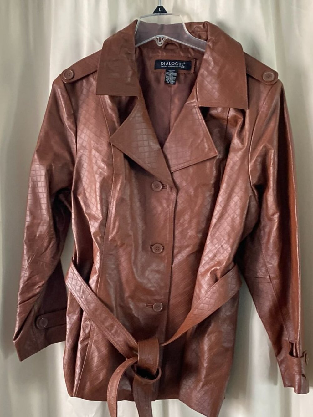 Brown Genuine Leather Belted Jacket Embossed Diamond Pattern 2X